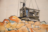 Detailed ink line work and watercolor washes on the industrial crane and figure.
