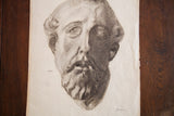 Drawing of a Roman bust on aged paper with dramatic charcoal shading and artist signature.