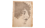 Pencil drawing of a 1926 Roaring '20s flapper profile with dark curly hair on aged paper.