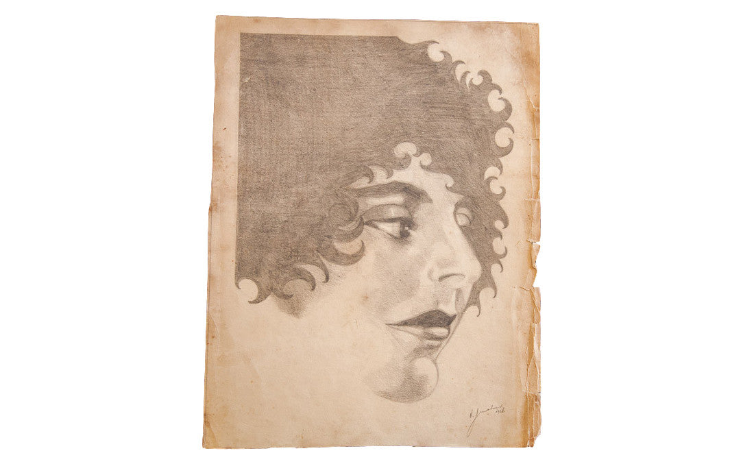Pencil drawing of a 1926 Roaring '20s flapper profile with dark curly hair on aged paper.