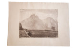 Vintage art print by D. R. Peretti Griva of a mountain scene with travelers on a trail.