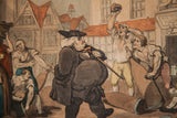Hand colored Rowlandson etching with a large man and cheering street paviors.