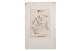 Vintage Ziegler dry point etching: cowboy on horseback, delicate lines, brown corner remnants, 7.25 x 11.25.
