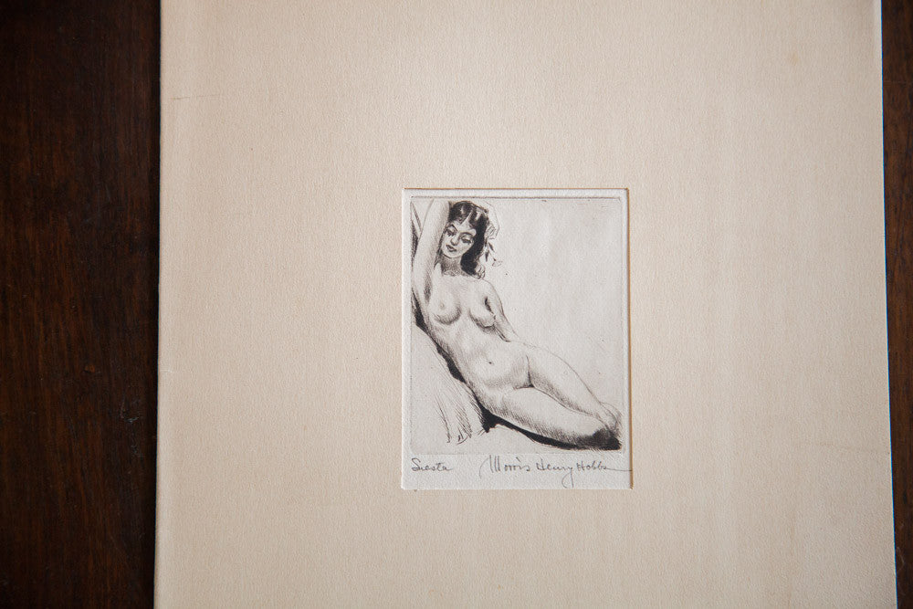 Morris Henry Hobbs 1930s 'Siesta' etching shows reclining nude woman with flower, 7.5x10.