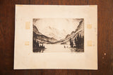 Hans Kleiber Solitude etching with mountains and deer, showing aged paper, tape, and handwritten marks.