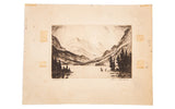 1930s Hans Kleiber 'Solitude' landscape etching with mountains, deer, birds, aged paper.