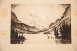 Hans Kleiber etching, upper left corner with mountainside, aged paper border, and tape mark.