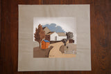 Vintage print of a domestic scene with a white house, orange shed, and blue sky on grey paper.