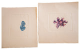 Pair of vintage minimalist abstract etchings with blue and purple pink textured forms.