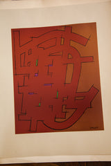 Signed Edgard Pillet mid-century abstract print with dark red, orange, green, and purple lines.