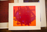 Signed Edgard Pillet Mid Century abstract print in bold red, orange, and purple.