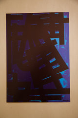 Abstract print by Edgard Pillet with black shapes, deep purple, and vivid blue, artist-signed.