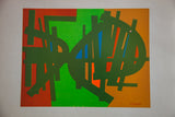 Edgard Pillet mid-century abstract print, dark green shapes on bold green, red, and orange.