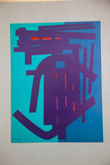 Edgard Pillet abstract geometric print in deep purple, teal, with red accents and signature.