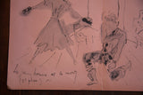 Lower left detail of Jean Cocteau print, handwritten French text, central fold on rose paper.
