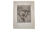 Greyscale etching of an almond-eyed old man in a hat, pencil signed, with gold-tinted edges.