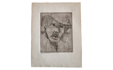 Almond Eye Old Man in Hat Etching // ONH Item 1341