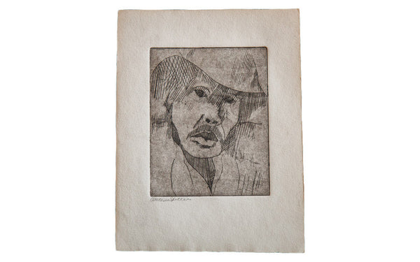 Almond Eye Old Man in Hat Etching // ONH Item 1341