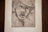 Vintage Almond Eye Old Man etching detail: expressive eyes, simple line work, and greyscale texture.
