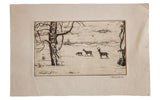 Vintage etching: a snowy winter scene with buck, doe, fawn, and old tree.