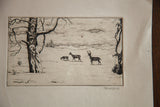 Angled view of vintage winter deer etching, showing crease on right border.