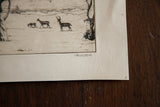 Pencil signature and 'A' mark on vintage winter deer etching with paper crease.