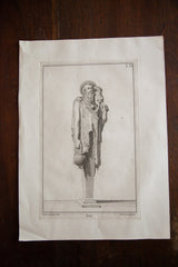 Antique Italian engraving of Pan, highlighting curled corners and lower left ink fingerprint.