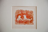 Sweet Doves in Fields of Flowers rustic orange etching with two white birds in dense flora.