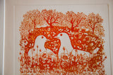 Rustic orange etching detail of two white doves nestled among intricate flowers and trees.