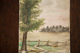 Lower right detail of watercolor painting showing wooden fence, path, artist's initial.