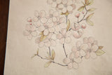 Antique Prunus watercolor with soft lavender, celadon, bronze blooms on aged paper.
