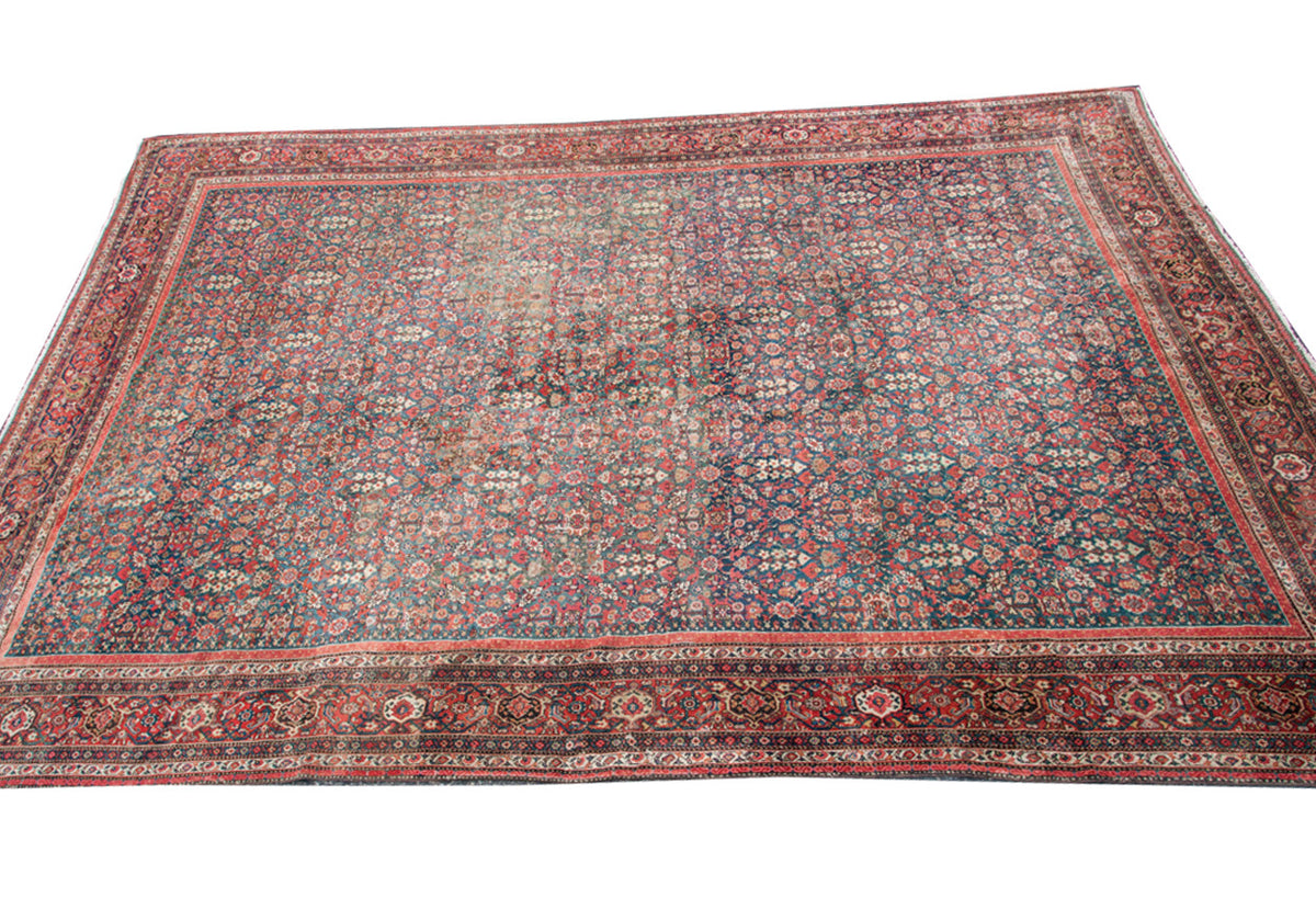 Antique Fereghan Malayer palace carpet, rare green field, allover pomegranate design, red border, 13x20.