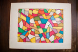 Colorful Mosaic Shape Art featuring vibrant abstract shapes, mounted on a white mat.