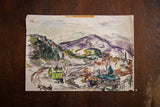 Colorful Hilly New England watercolor painting depicting mountains, cabins, and oxen, 10x7 inches.