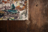 Lower right of the H. Freitag watercolor, depicting a cabin and trees.