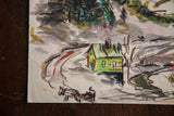 Detail of New England watercolor: green cabin, horse-drawn cart on a winding road.