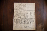 Original ink drawing of a street scene with tree and building, on golden-brown toned paper.