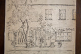 Elegant ink street scene drawing with a tall tree and ivy on goldeny brown paper.