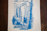 Vintage 1970s blue lithograph showing Central Park NYC, with cityscape and trees.
