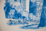 Detail of blue minimalistic Central Park lithograph with European artist's signature and 1972 date.