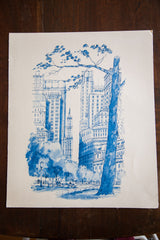 Vintage blue Central Park NYC lithograph, featuring artist signature, 1972 date, and slight corner wear.