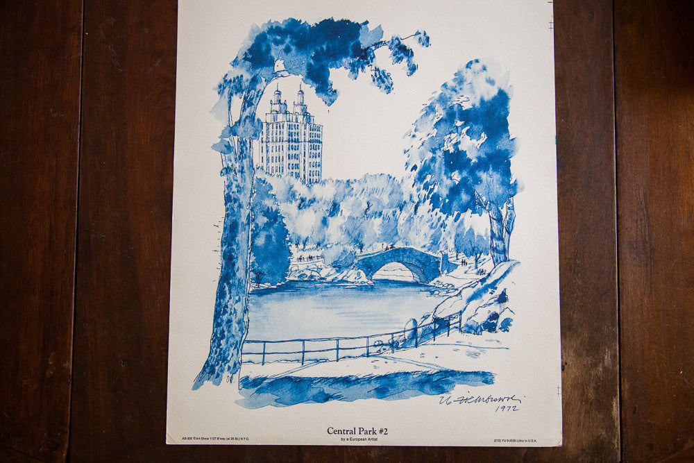 Vintage 1970s blue minimalistic Central Park NYC lithograph with bridge and trees.