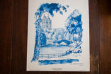 Vintage 1970s blue minimalistic Central Park NYC lithograph with bridge and trees.