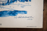 Blue signature, 1972 date, and production text on vintage Central Park lithograph.