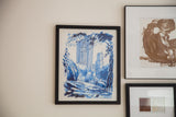 Vintage 1970s framed blue minimalistic Central Park NYC lithograph, 14.5x17.5 inches.