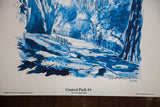 Lower view of blue Central Park lithograph, showing artwork title and artist's signature.
