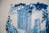 Blue foliage arcs over vintage NYC buildings in this Central Park lithograph.