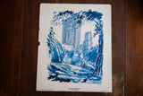 Vintage blue Central Park lithograph with artist signature, date, and copyright information visible.