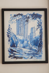 Artist's signature and 1972 date on vintage blue Central Park lithograph.