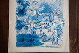 Blue vintage Central Park lithograph detail showing figures, stairs, and 1972 signature.